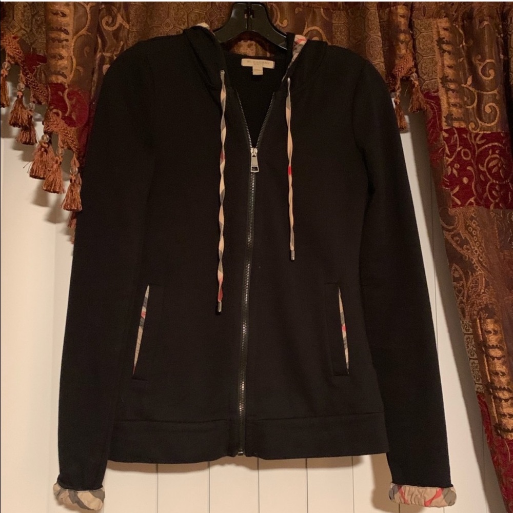 Burberry Black Zip-Up Hoodie with Signature Check Trim